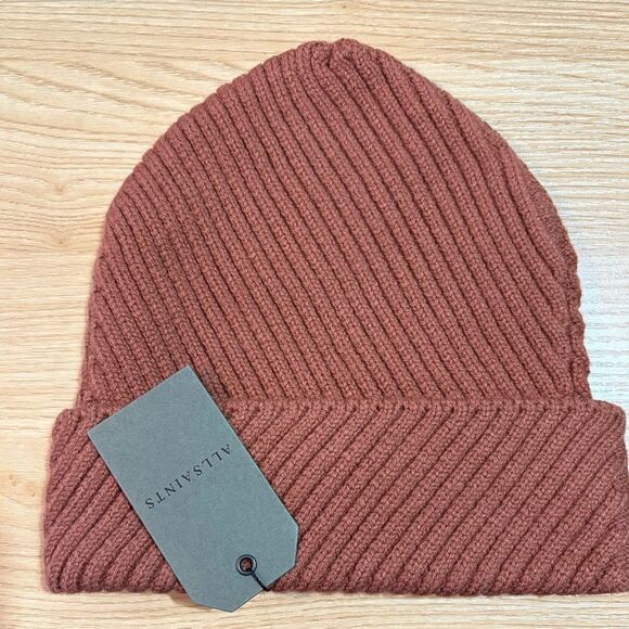 AllSaints Traveling Rib Peak Beanie In Smoke Pink  Unisex New - Picture 3 of 6